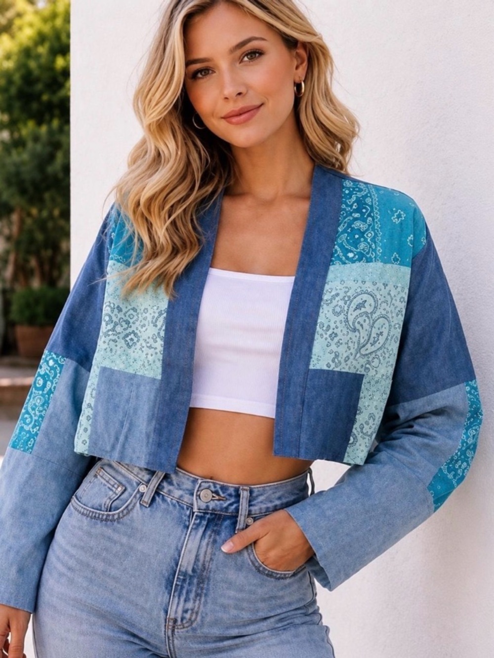 Tricia Fix Upcycled Cropped Denim & Bandana Patchwork Jacket in Size XS/S RARE